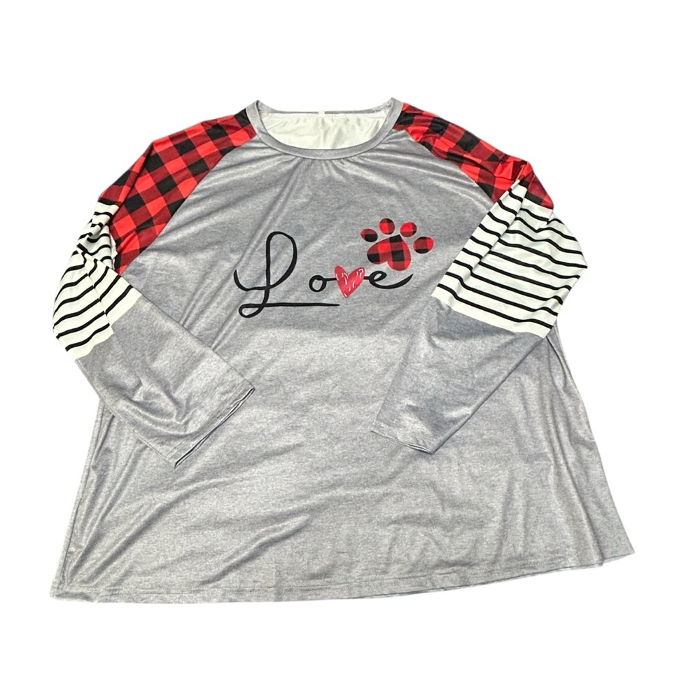 Love Shirt Heart Paw Long Sleeve Checkered Stripes Gray Red Black Pets Sz 4XL - Picture 4 of 4